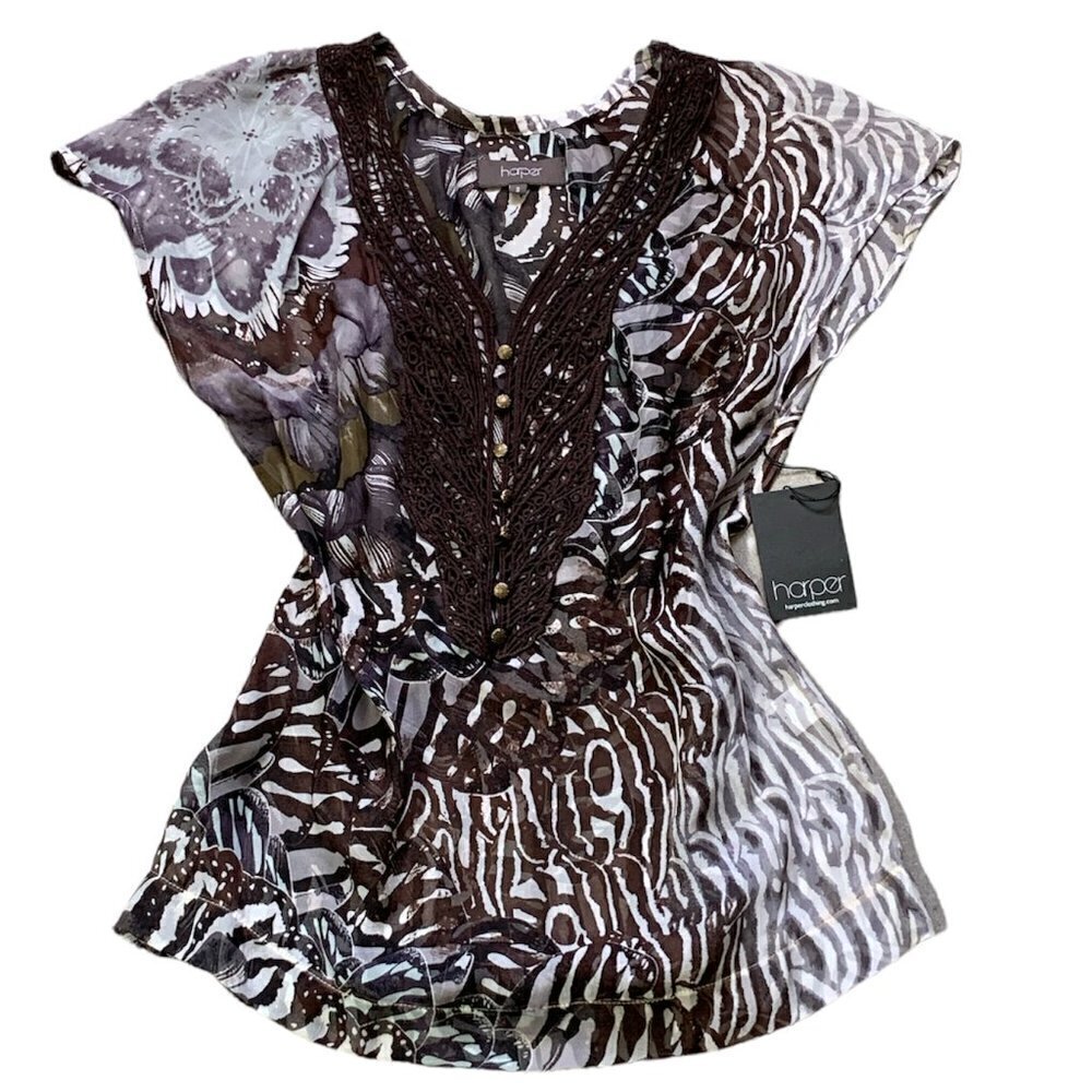 Harper Silk Sheer Blouse Top Crochet Yoke Bronze-Flower Buttons Sz‎ S #356B
